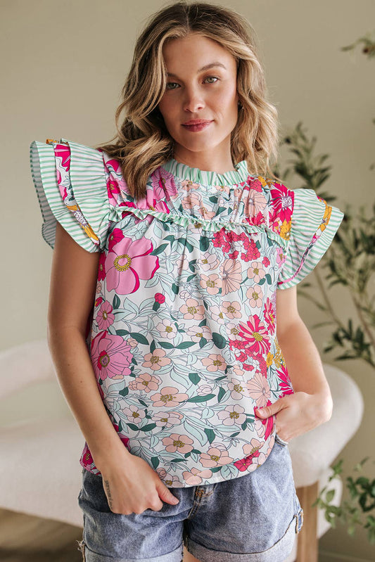 Floral Print Contrast Ruffle Trim Short Sleeve Blouse