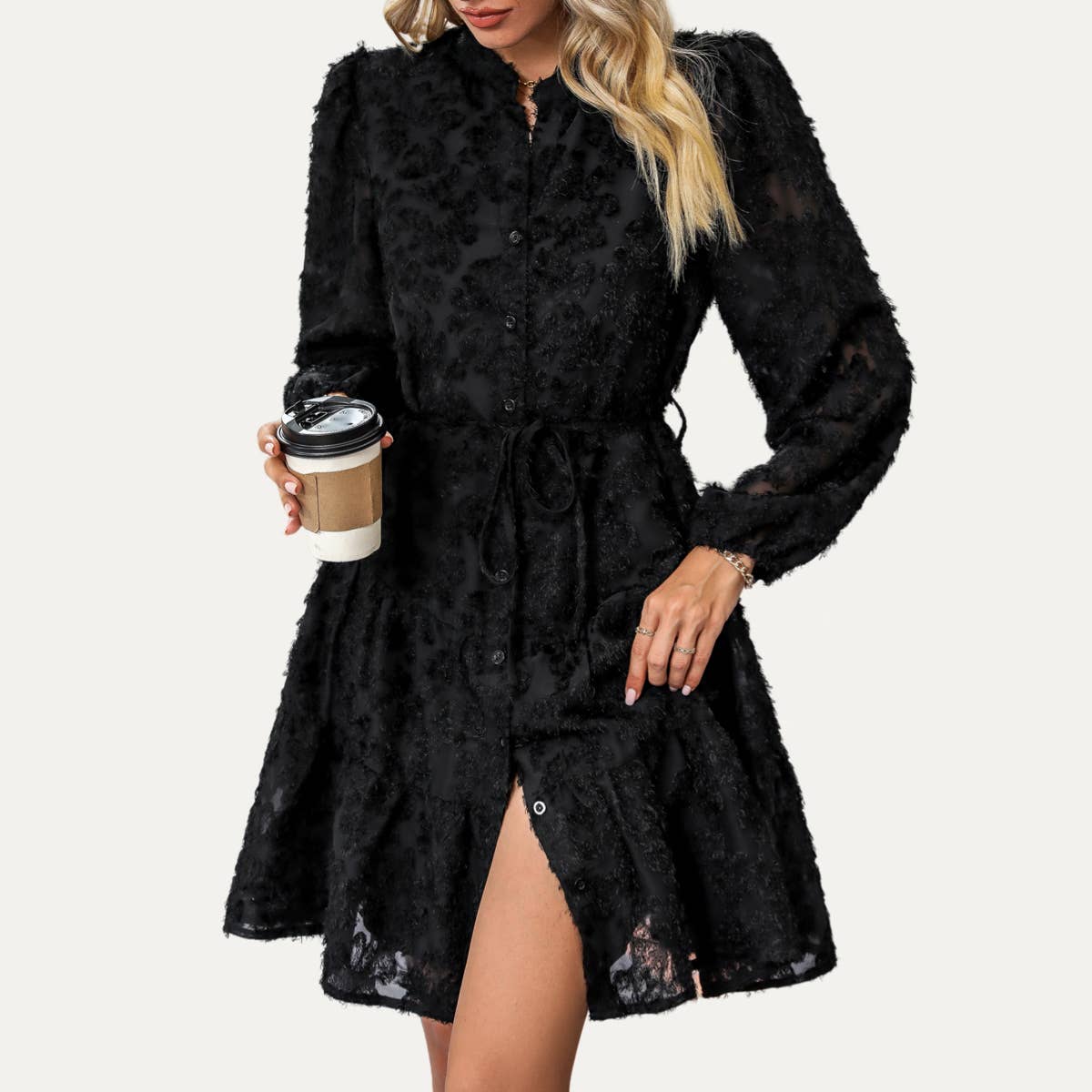 Black Fringe Jacquard Button-Up Tiered Mini Dress