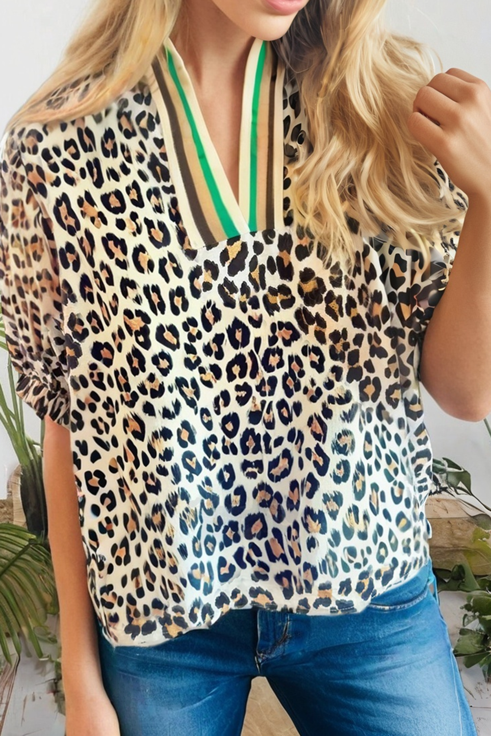 Leopard Colorblock V Neck Half Sleeve Top