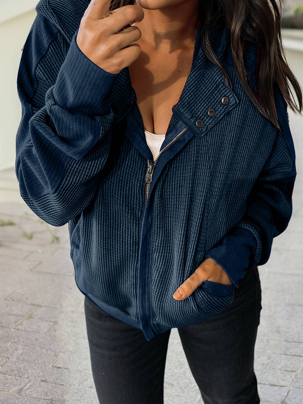 Waffle Splicing Zip Up Front Button Hooded Jacket