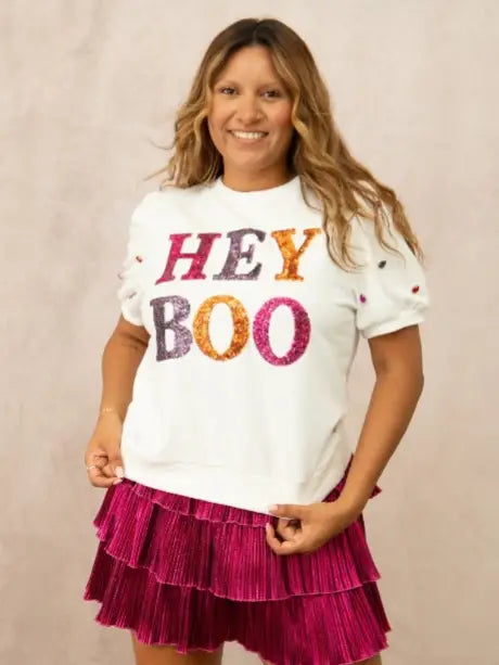White Sequin "Hey Boo" On Puff Sleeve Sweater