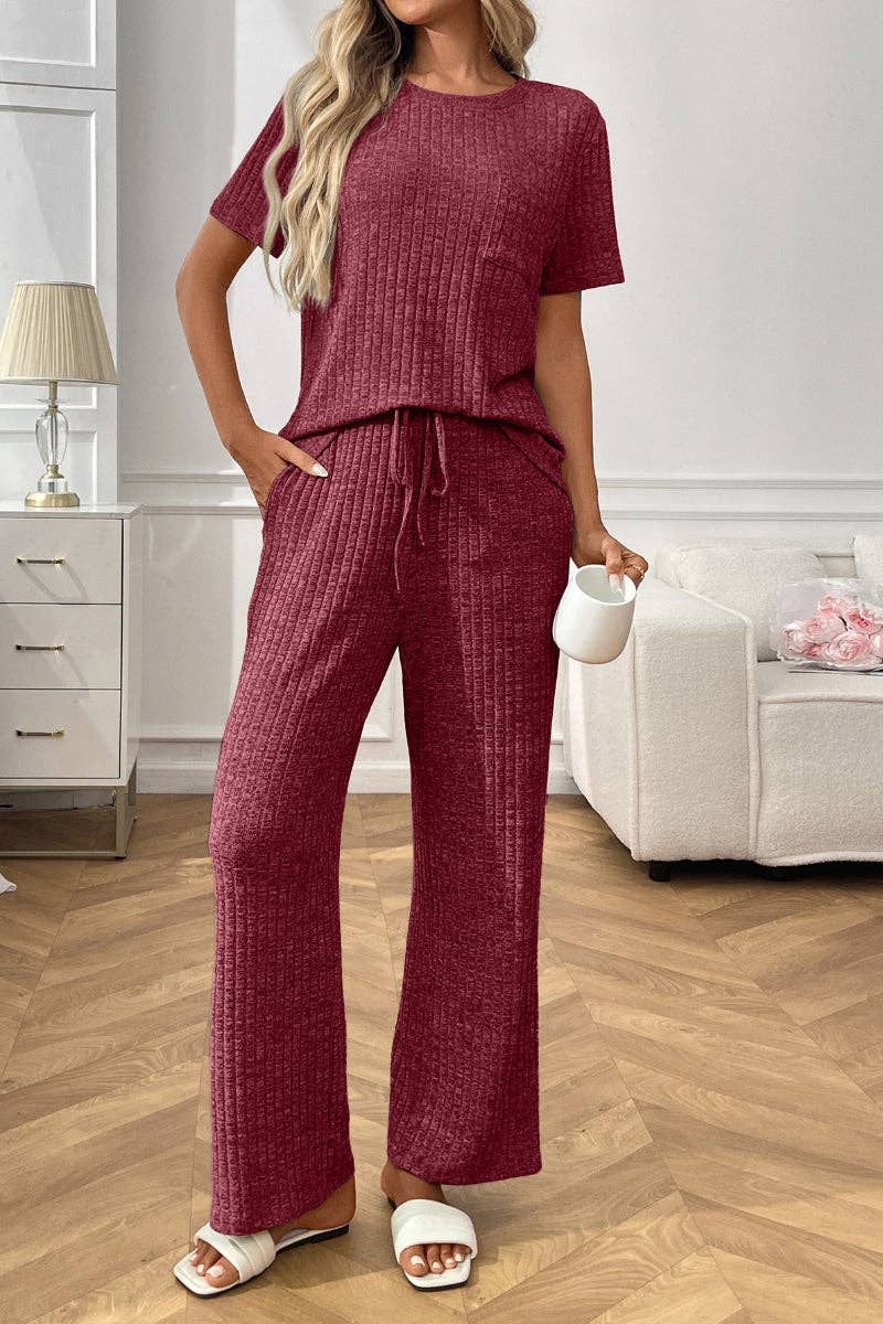 Short Sleeve Ribbed Knit Lounge Set with Drawstring Pants