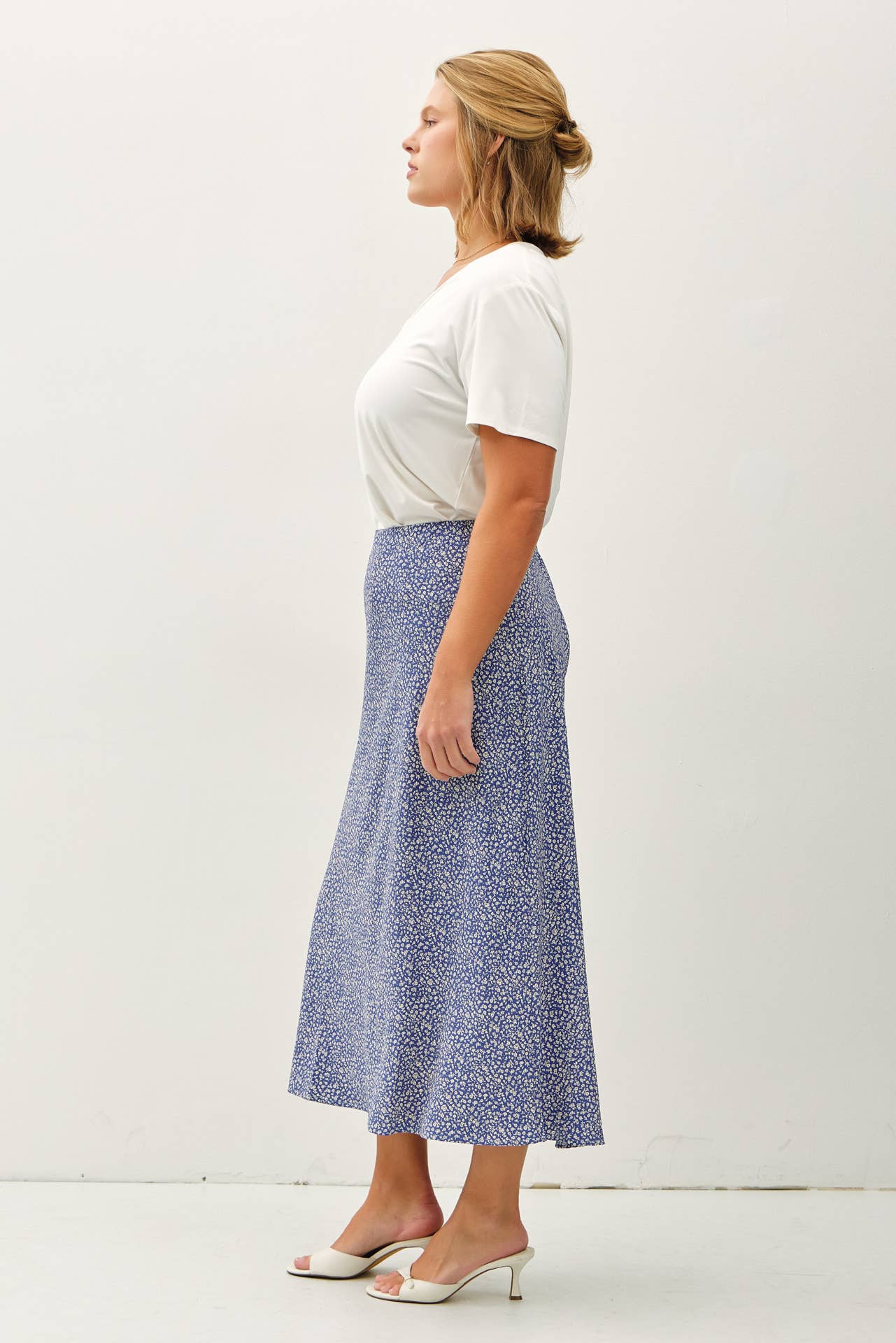 PLUS FLORAL PRINT MIDI SKIRT W/ ELASTIC WAISTBAND