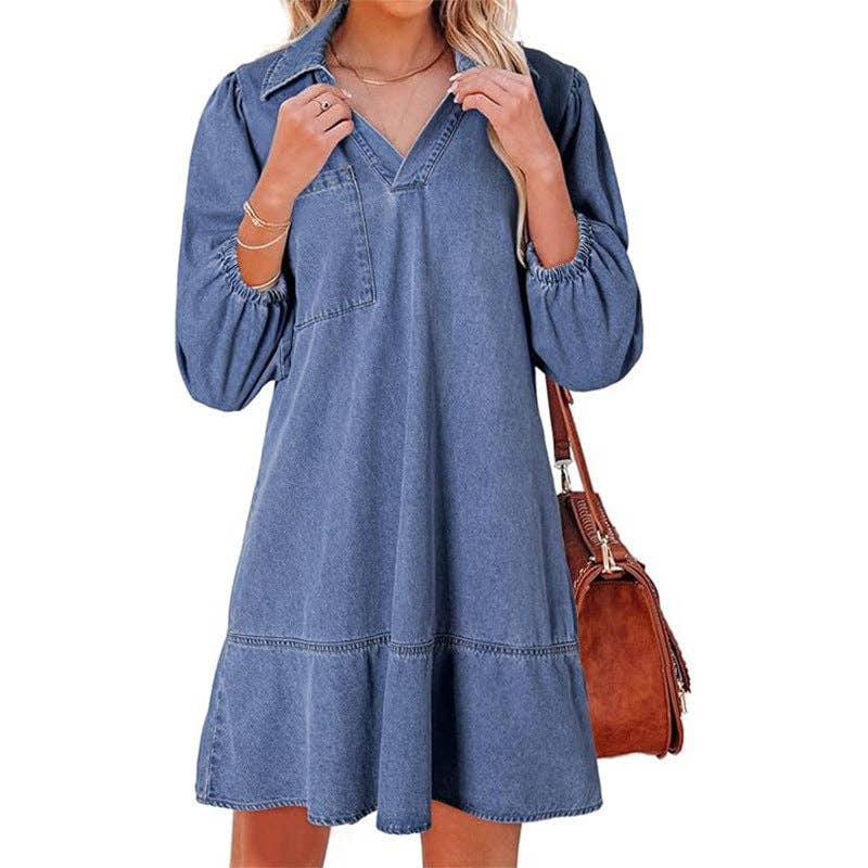 Denim Babydoll Dress – V-Neck Puff Sleeve Casual
