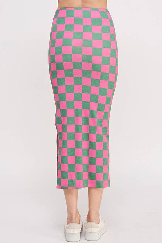 HI-WAIST CHECKERED MIDI PENCIL SKIRT w/ SIDE SLIT