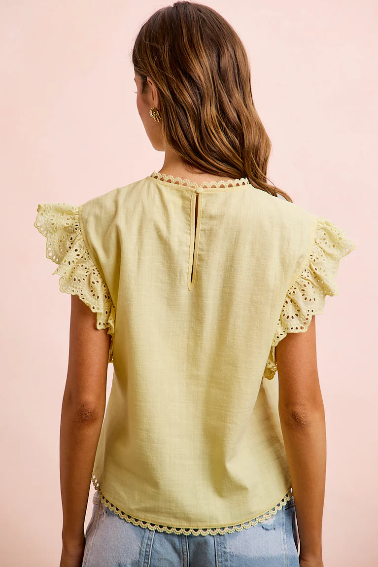 Yellow Ruffle Sleeve Lace Detail Blouse