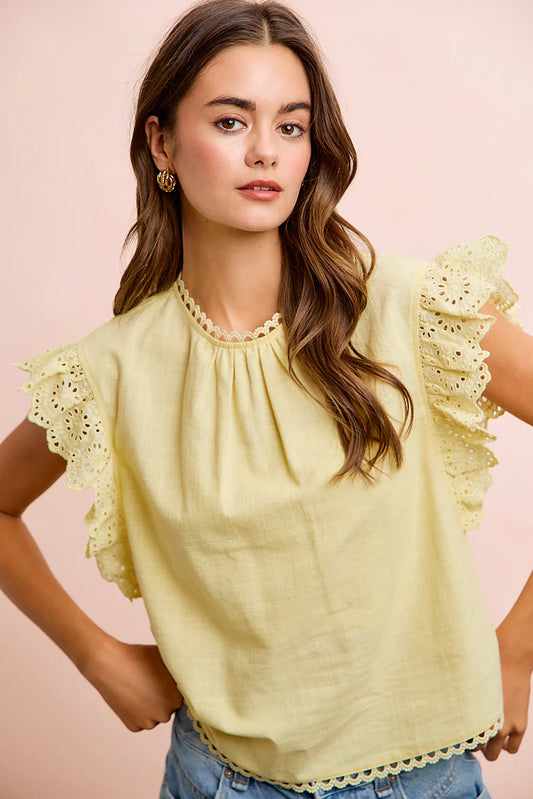 Yellow Ruffle Sleeve Lace Detail Blouse