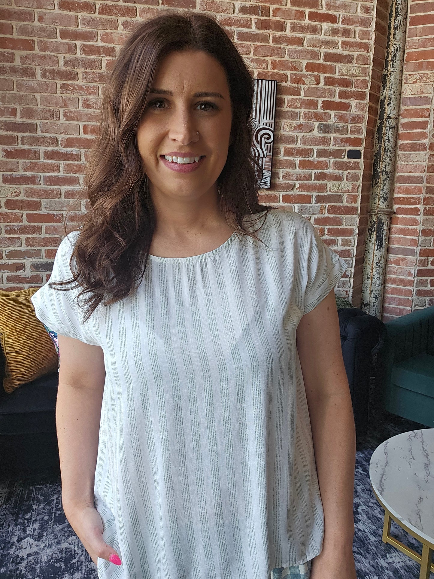 Lt. Sage Twisted Back SS Stripe Blouse